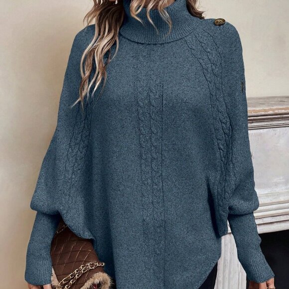 Blue Casual Women's Turtleneck Batwing Sleeve Button Detail Poncho Sweater top - Picture 4 of 7